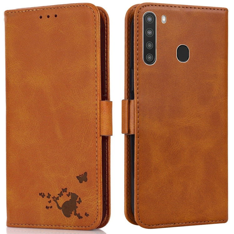 For Samsung Galaxy A21 Embossed Cat Butterflies Pattern Horizontal Flip Leather Case with Card Slot & Holder & Wallet