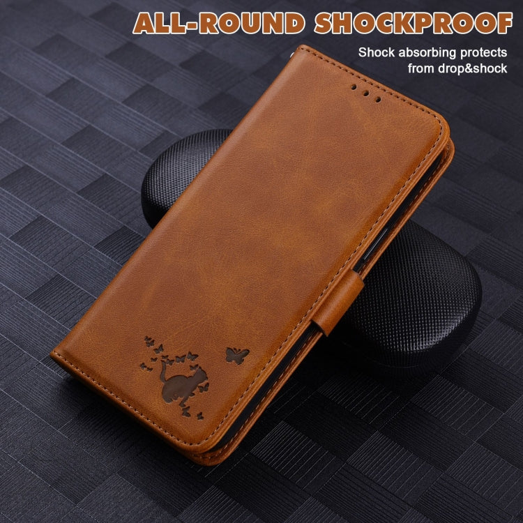 For Samsung Galaxy A21 Embossed Cat Butterflies Pattern Horizontal Flip Leather Case with Card Slot & Holder & Wallet