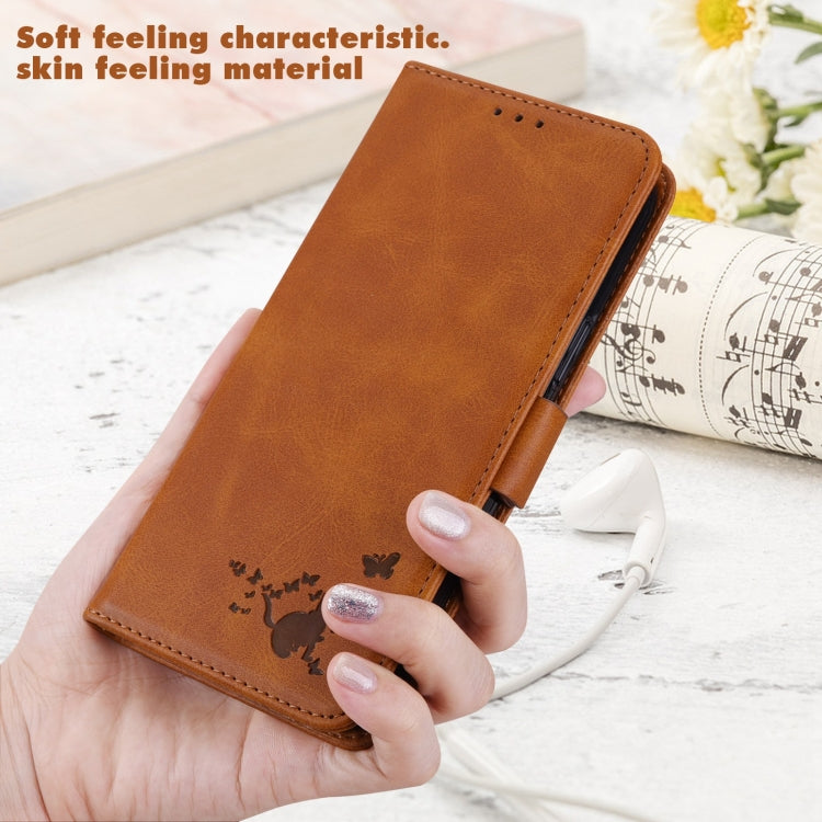 For Samsung Galaxy A21 Embossed Cat Butterflies Pattern Horizontal Flip Leather Case with Card Slot & Holder & Wallet