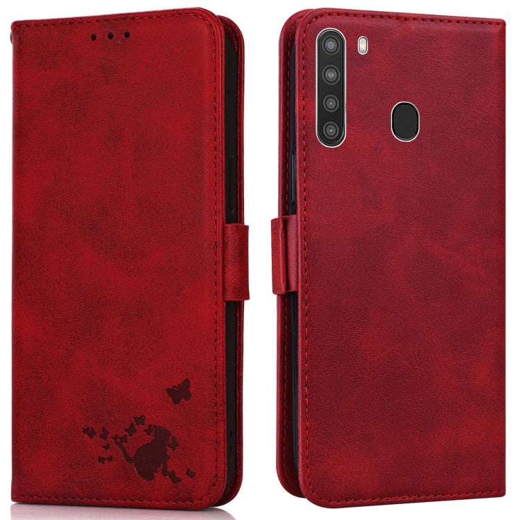 For Samsung Galaxy A21 Embossed Cat Butterflies Pattern Horizontal Flip Leather Case with Card Slot & Holder & Wallet