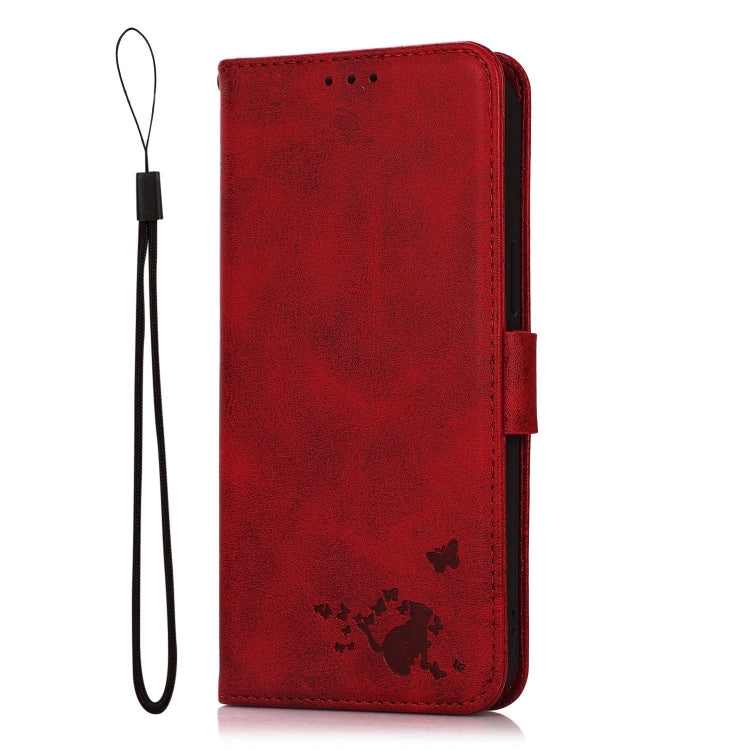 For Samsung Galaxy A21 Embossed Cat Butterflies Pattern Horizontal Flip Leather Case with Card Slot & Holder & Wallet