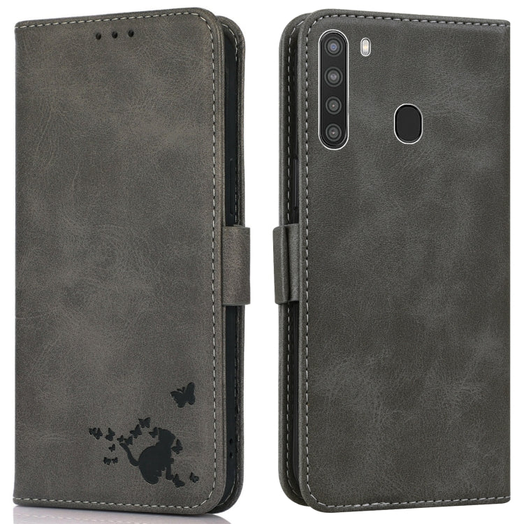 For Samsung Galaxy A21 Embossed Cat Butterflies Pattern Horizontal Flip Leather Case with Card Slot & Holder & Wallet