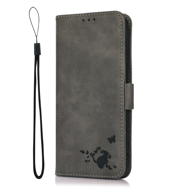 For Samsung Galaxy A21 Embossed Cat Butterflies Pattern Horizontal Flip Leather Case with Card Slot & Holder & Wallet
