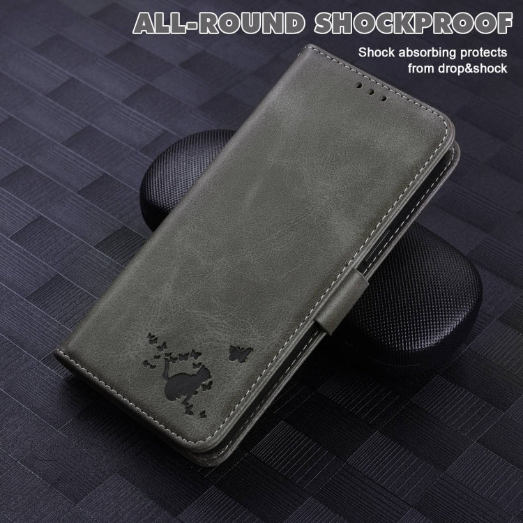 For Samsung Galaxy A21 Embossed Cat Butterflies Pattern Horizontal Flip Leather Case with Card Slot & Holder & Wallet