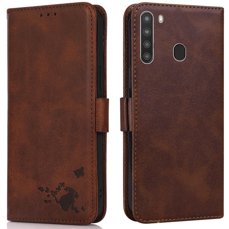For Samsung Galaxy A21 Embossed Cat Butterflies Pattern Horizontal Flip Leather Case with Card Slot & Holder & Wallet