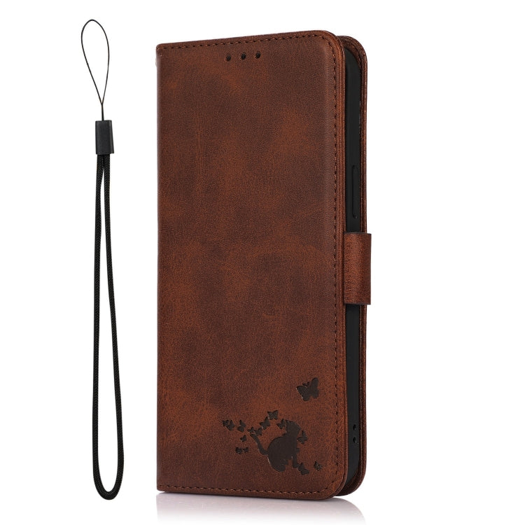 For Samsung Galaxy A21 Embossed Cat Butterflies Pattern Horizontal Flip Leather Case with Card Slot & Holder & Wallet