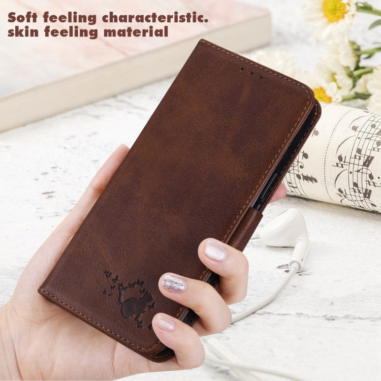 For Samsung Galaxy A21 Embossed Cat Butterflies Pattern Horizontal Flip Leather Case with Card Slot & Holder & Wallet