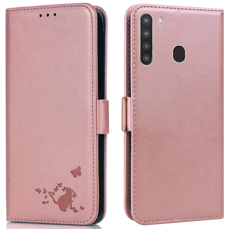For Samsung Galaxy A21 Embossed Cat Butterflies Pattern Horizontal Flip Leather Case with Card Slot & Holder & Wallet