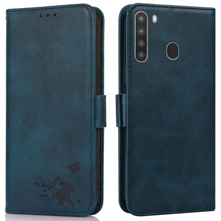 For Samsung Galaxy A21 Embossed Cat Butterflies Pattern Horizontal Flip Leather Case with Card Slot & Holder & Wallet