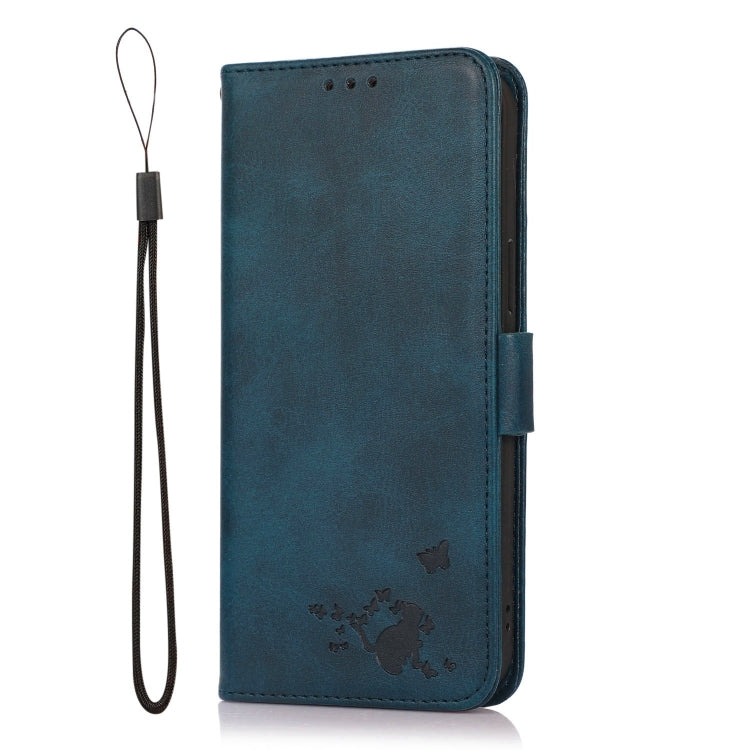 For Samsung Galaxy A21 Embossed Cat Butterflies Pattern Horizontal Flip Leather Case with Card Slot & Holder & Wallet