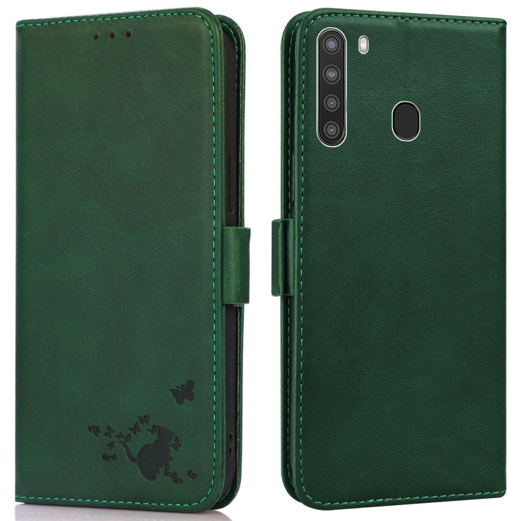 For Samsung Galaxy A21 Embossed Cat Butterflies Pattern Horizontal Flip Leather Case with Card Slot & Holder & Wallet