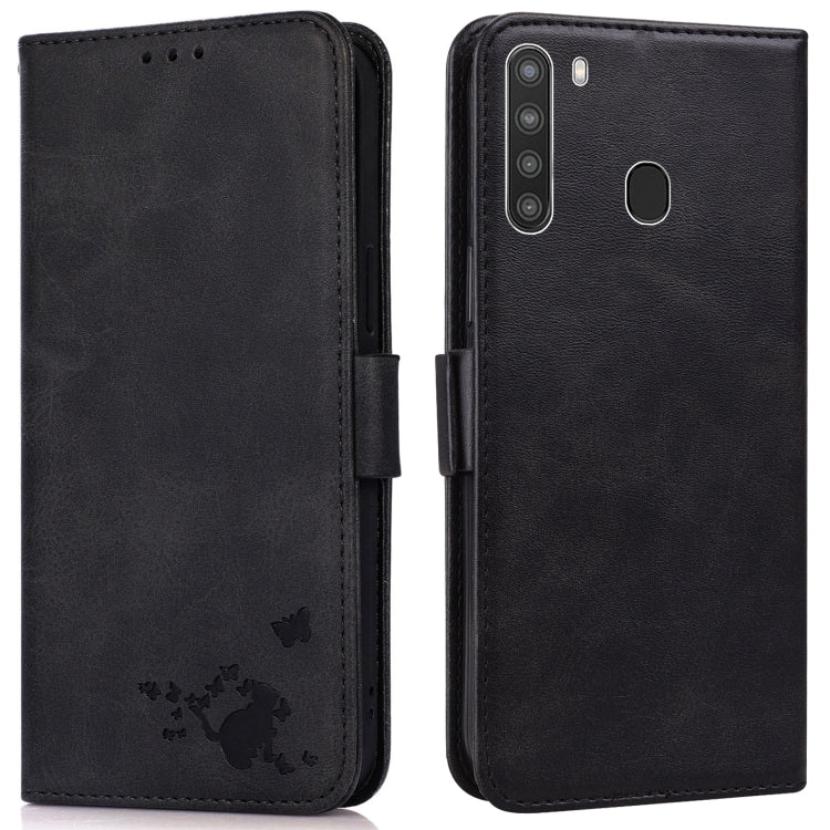 For Samsung Galaxy A21 Embossed Cat Butterflies Pattern Horizontal Flip Leather Case with Card Slot & Holder & Wallet