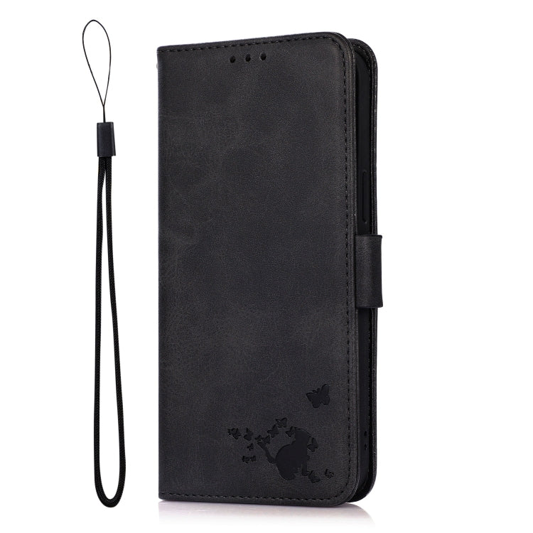 For Samsung Galaxy A21 Embossed Cat Butterflies Pattern Horizontal Flip Leather Case with Card Slot & Holder & Wallet