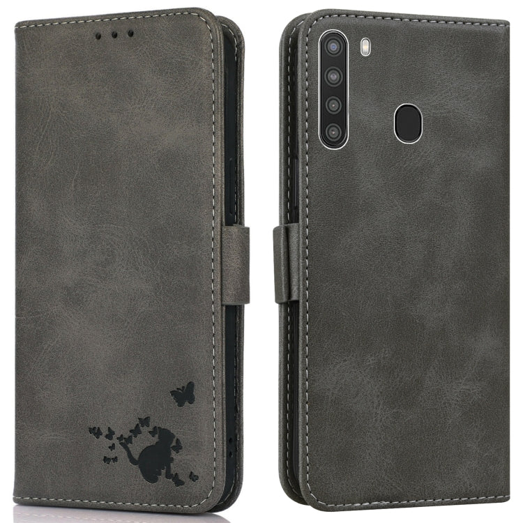 For Samsung Galaxy A21 US Version Embossed Cat Butterflies Pattern Horizontal Flip Leather Case with Card Slot & Holder & Wallet
