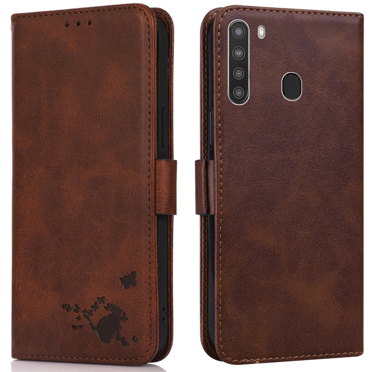 For Samsung Galaxy A21 US Version Embossed Cat Butterflies Pattern Horizontal Flip Leather Case with Card Slot & Holder & Wallet