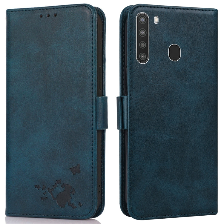 For Samsung Galaxy A21 US Version Embossed Cat Butterflies Pattern Horizontal Flip Leather Case with Card Slot & Holder & Wallet