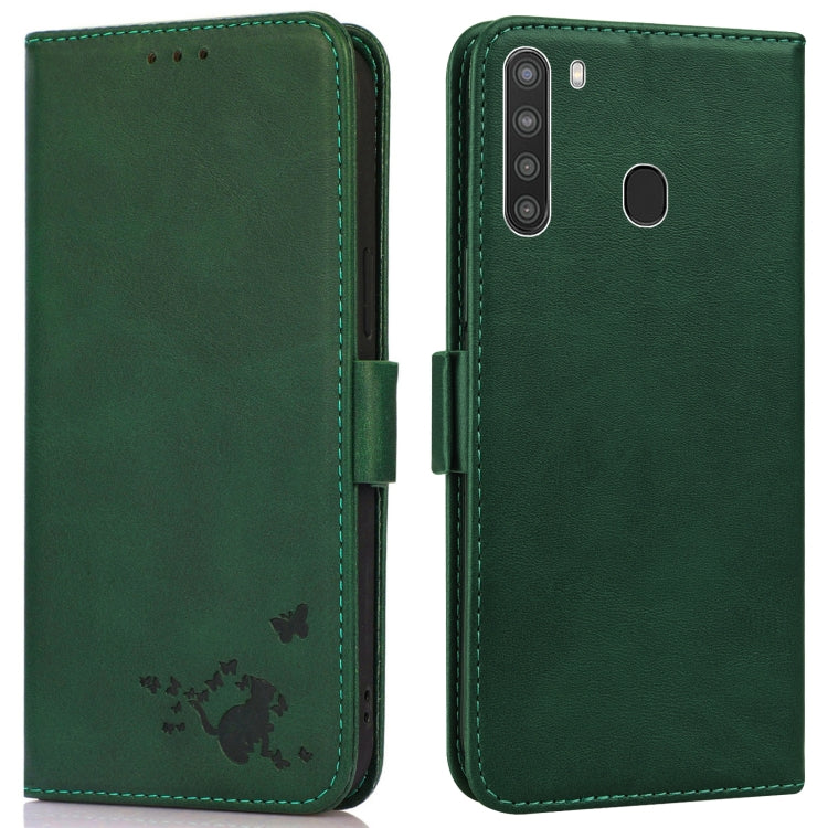 For Samsung Galaxy A21 US Version Embossed Cat Butterflies Pattern Horizontal Flip Leather Case with Card Slot & Holder & Wallet