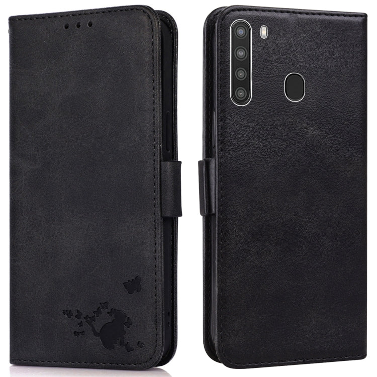 For Samsung Galaxy A21 US Version Embossed Cat Butterflies Pattern Horizontal Flip Leather Case with Card Slot & Holder & Wallet
