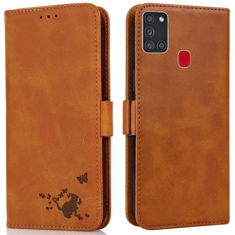 For Samsung Galaxy A21s Embossed Cat Butterflies Pattern Horizontal Flip Leather Case with Card Slot & Holder & Wallet