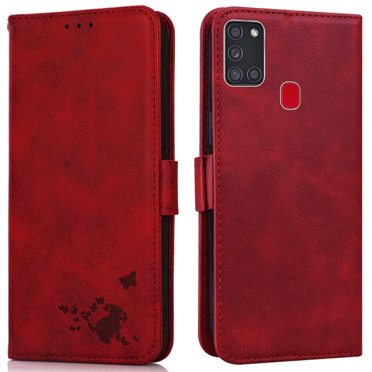 For Samsung Galaxy A21s Embossed Cat Butterflies Pattern Horizontal Flip Leather Case with Card Slot & Holder & Wallet