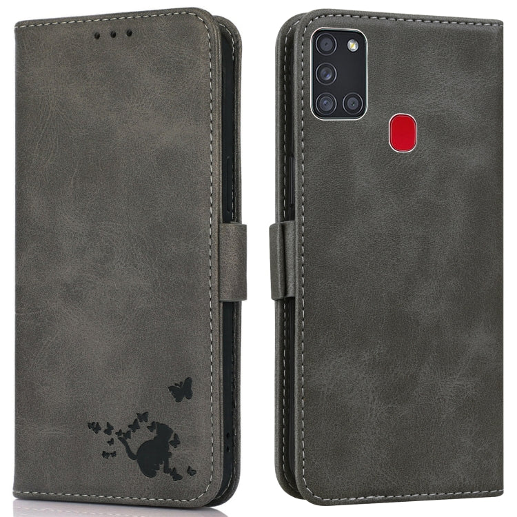 For Samsung Galaxy A21s Embossed Cat Butterflies Pattern Horizontal Flip Leather Case with Card Slot & Holder & Wallet
