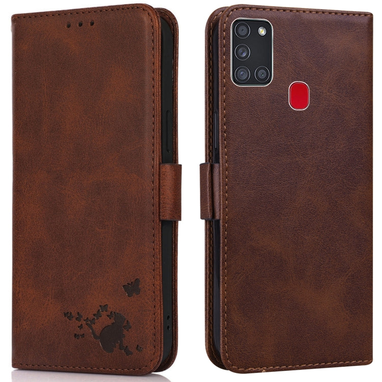 For Samsung Galaxy A21s Embossed Cat Butterflies Pattern Horizontal Flip Leather Case with Card Slot & Holder & Wallet