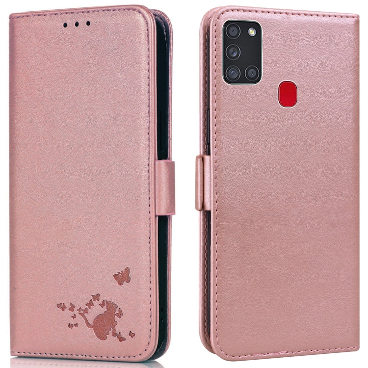 For Samsung Galaxy A21s Embossed Cat Butterflies Pattern Horizontal Flip Leather Case with Card Slot & Holder & Wallet