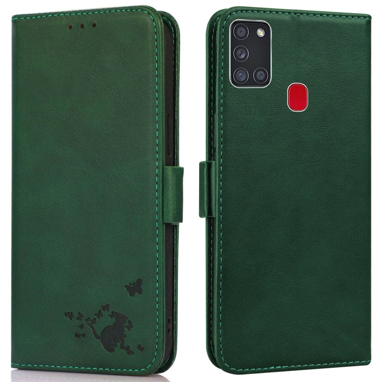For Samsung Galaxy A21s Embossed Cat Butterflies Pattern Horizontal Flip Leather Case with Card Slot & Holder & Wallet