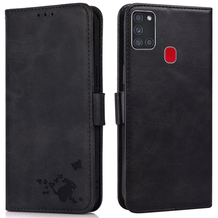 For Samsung Galaxy A21s Embossed Cat Butterflies Pattern Horizontal Flip Leather Case with Card Slot & Holder & Wallet