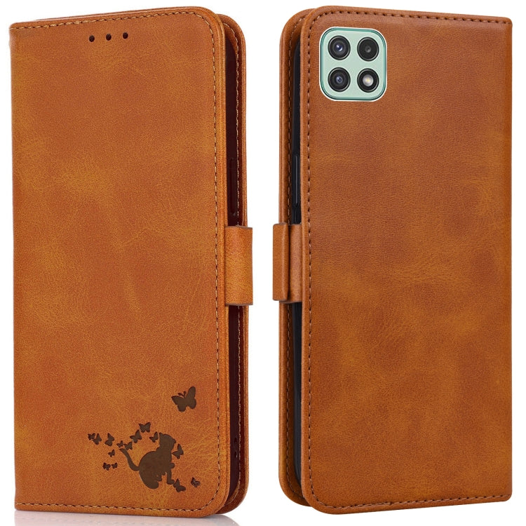 For Samsung Galaxy A22 5G Embossed Cat Butterflies Pattern Horizontal Flip Leather Case with Card Slot & Holder & Wallet