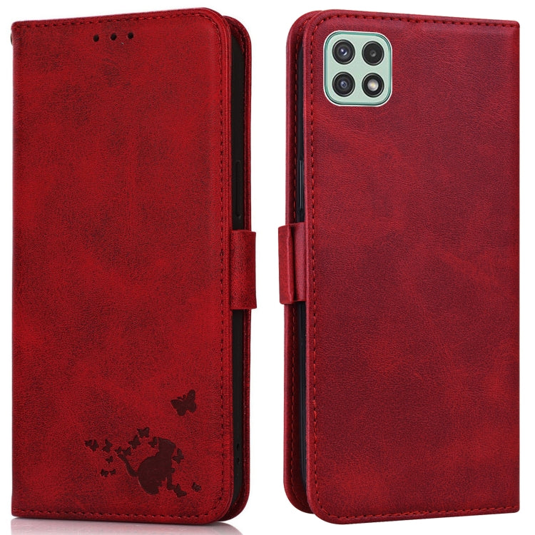 For Samsung Galaxy A22 5G Embossed Cat Butterflies Pattern Horizontal Flip Leather Case with Card Slot & Holder & Wallet