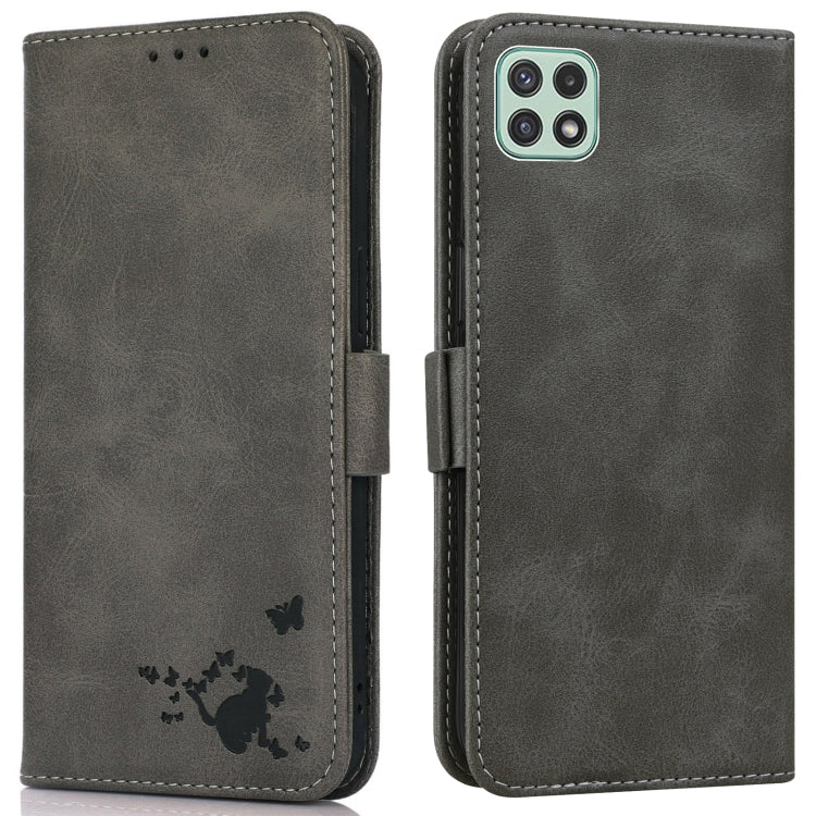 For Samsung Galaxy A22 5G Embossed Cat Butterflies Pattern Horizontal Flip Leather Case with Card Slot & Holder & Wallet