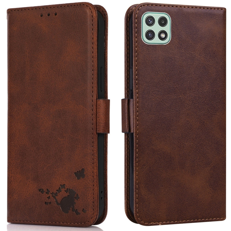 For Samsung Galaxy A22 5G Embossed Cat Butterflies Pattern Horizontal Flip Leather Case with Card Slot & Holder & Wallet