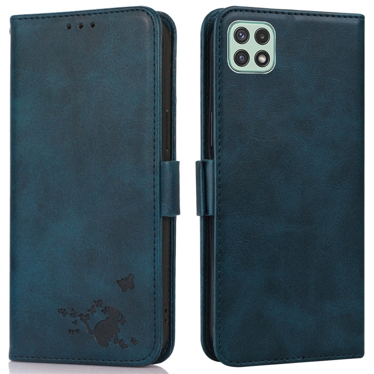 For Samsung Galaxy A22 5G Embossed Cat Butterflies Pattern Horizontal Flip Leather Case with Card Slot & Holder & Wallet