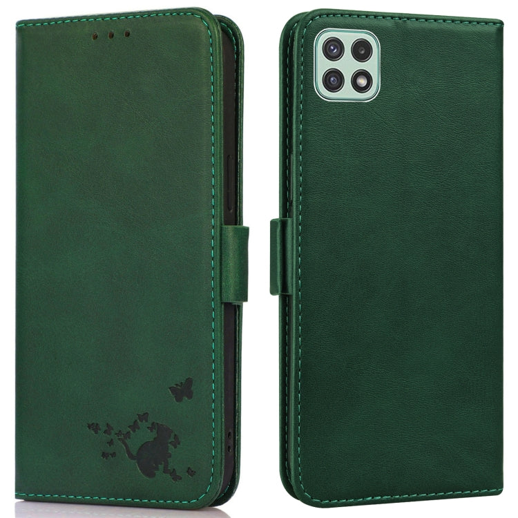 For Samsung Galaxy A22 5G Embossed Cat Butterflies Pattern Horizontal Flip Leather Case with Card Slot & Holder & Wallet