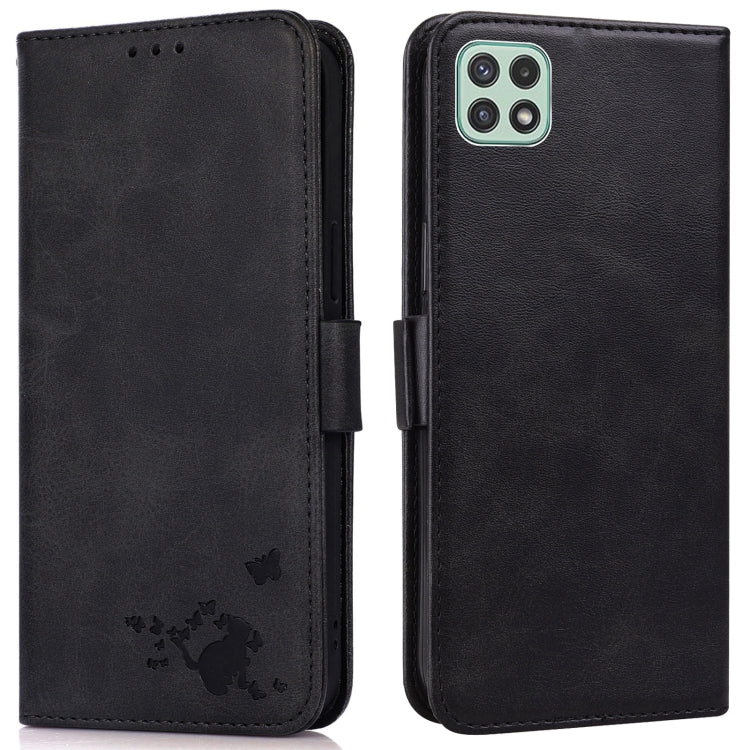 For Samsung Galaxy A22 5G Embossed Cat Butterflies Pattern Horizontal Flip Leather Case with Card Slot & Holder & Wallet