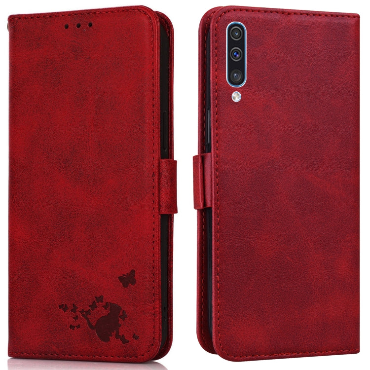 For Samsung Galaxy A30s EU Version Embossed Cat Butterflies Pattern Horizontal Flip Leather Case with Card Slot & Holder & Wallet
