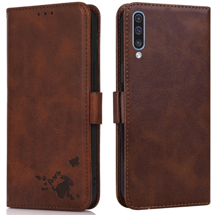 For Samsung Galaxy A30s EU Version Embossed Cat Butterflies Pattern Horizontal Flip Leather Case with Card Slot & Holder & Wallet