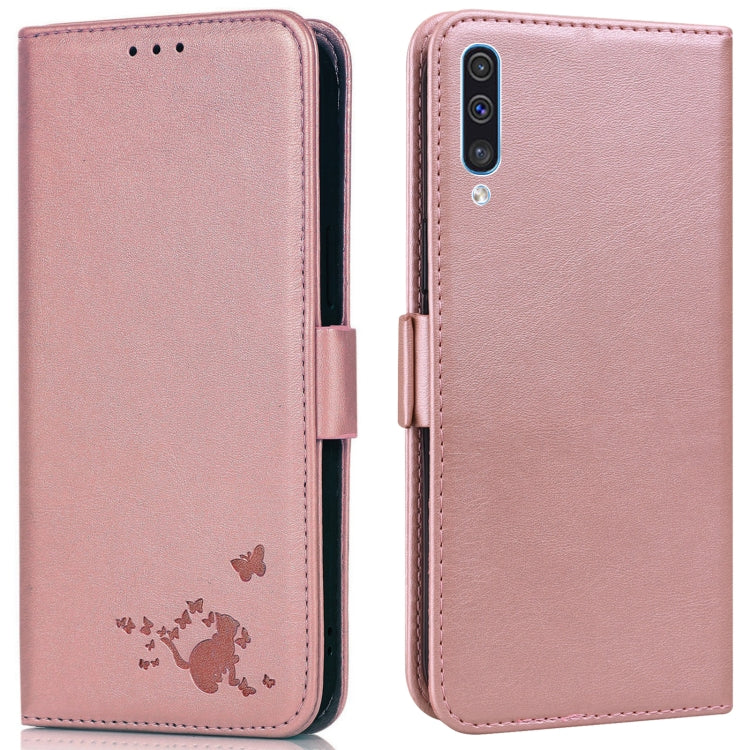For Samsung Galaxy A30s EU Version Embossed Cat Butterflies Pattern Horizontal Flip Leather Case with Card Slot & Holder & Wallet