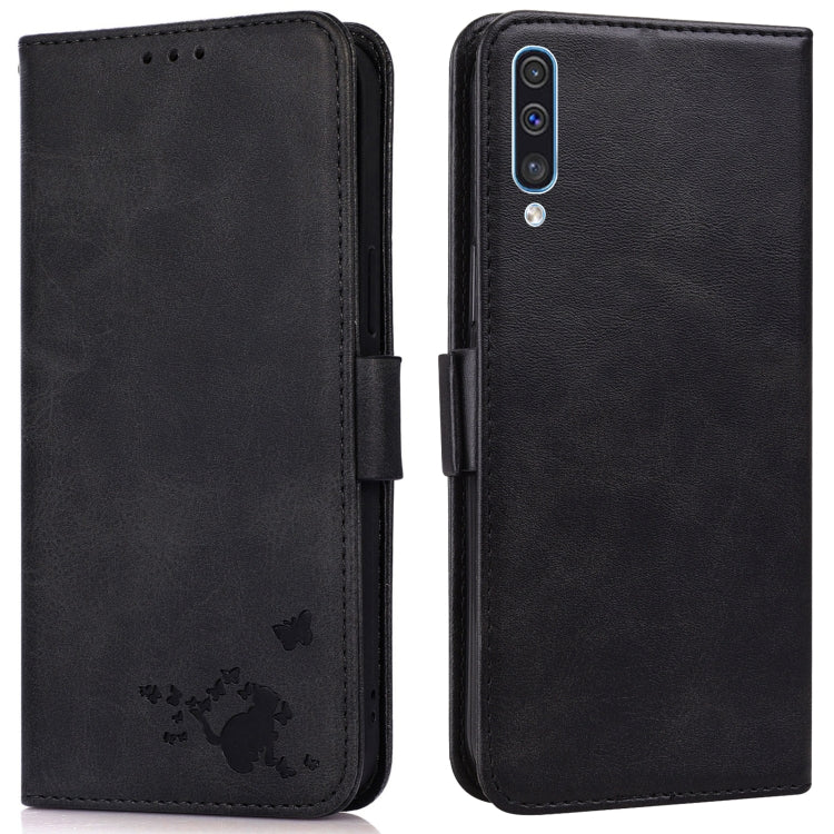 For Samsung Galaxy A30s EU Version Embossed Cat Butterflies Pattern Horizontal Flip Leather Case with Card Slot & Holder & Wallet