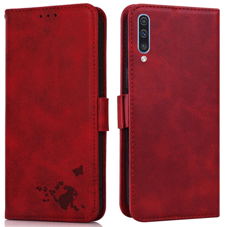 For Samsung Galaxy A30s / A50s / A50 Embossed Cat Butterflies Pattern Horizontal Flip Leather Case with Card Slot & Holder & Wallet