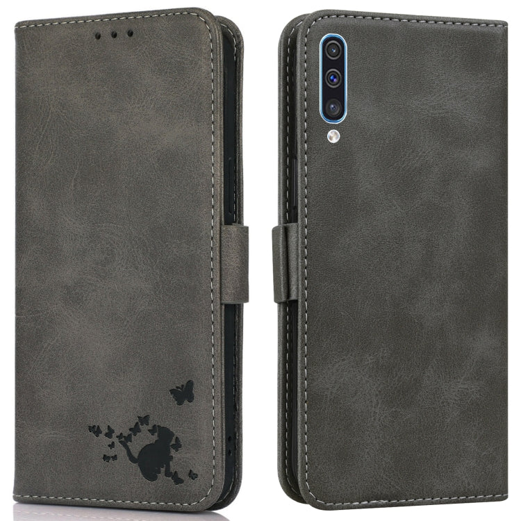 For Samsung Galaxy A30s / A50s / A50 Embossed Cat Butterflies Pattern Horizontal Flip Leather Case with Card Slot & Holder & Wallet