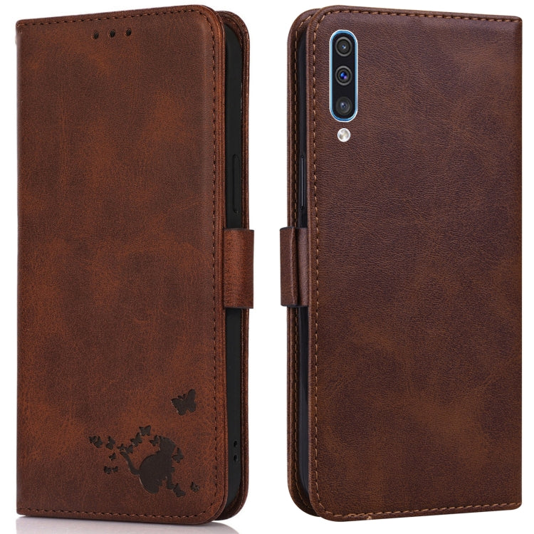 For Samsung Galaxy A30s / A50s / A50 Embossed Cat Butterflies Pattern Horizontal Flip Leather Case with Card Slot & Holder & Wallet