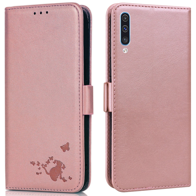 For Samsung Galaxy A30s / A50s / A50 Embossed Cat Butterflies Pattern Horizontal Flip Leather Case with Card Slot & Holder & Wallet
