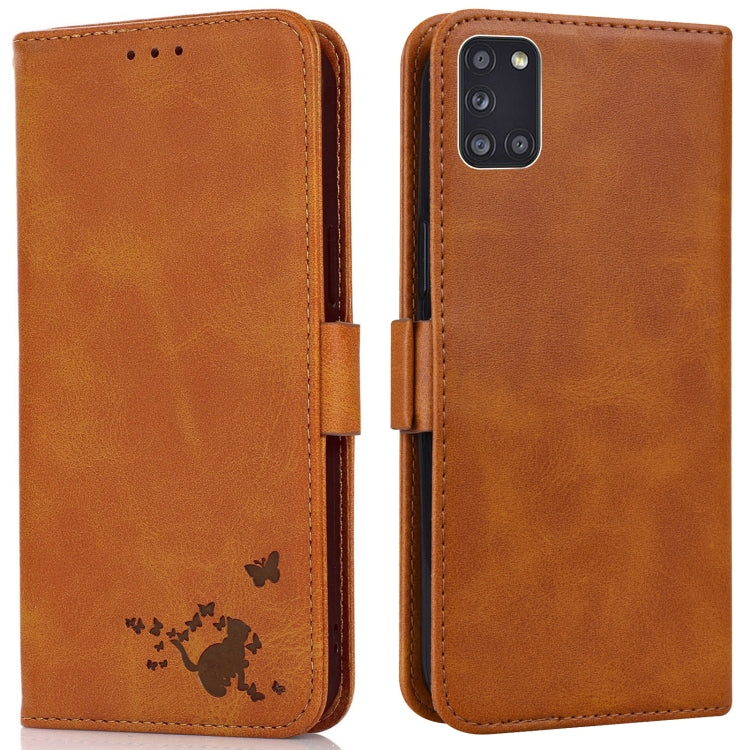 For Samsung Galaxy A31 Embossed Cat Butterflies Pattern Horizontal Flip Leather Case with Card Slot & Holder & Wallet