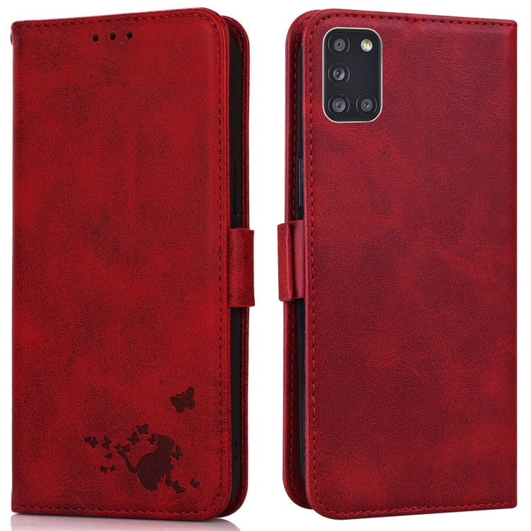 For Samsung Galaxy A31 Embossed Cat Butterflies Pattern Horizontal Flip Leather Case with Card Slot & Holder & Wallet