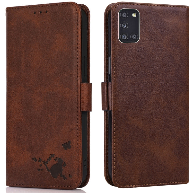 For Samsung Galaxy A31 Embossed Cat Butterflies Pattern Horizontal Flip Leather Case with Card Slot & Holder & Wallet