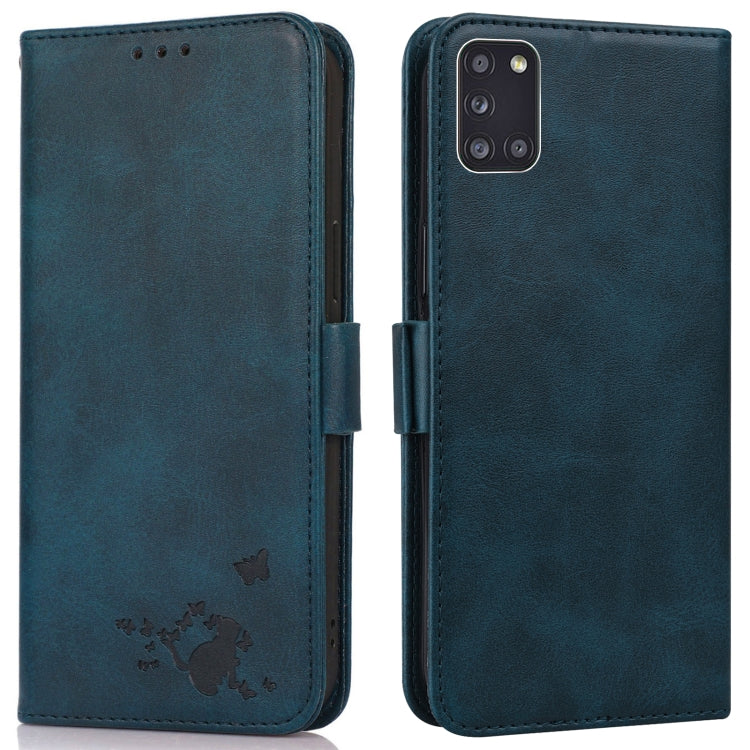 For Samsung Galaxy A31 Embossed Cat Butterflies Pattern Horizontal Flip Leather Case with Card Slot & Holder & Wallet