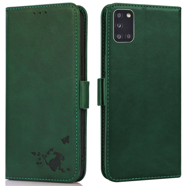 For Samsung Galaxy A31 Embossed Cat Butterflies Pattern Horizontal Flip Leather Case with Card Slot & Holder & Wallet