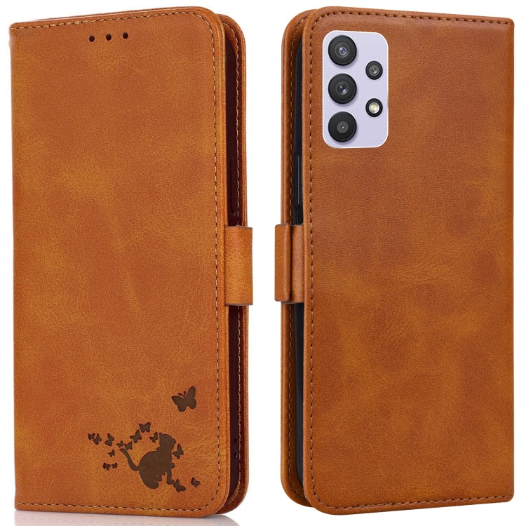 For Samsung Galaxy A32 5G Embossed Cat Butterflies Pattern Horizontal Flip Leather Case with Card Slot & Holder & Wallet